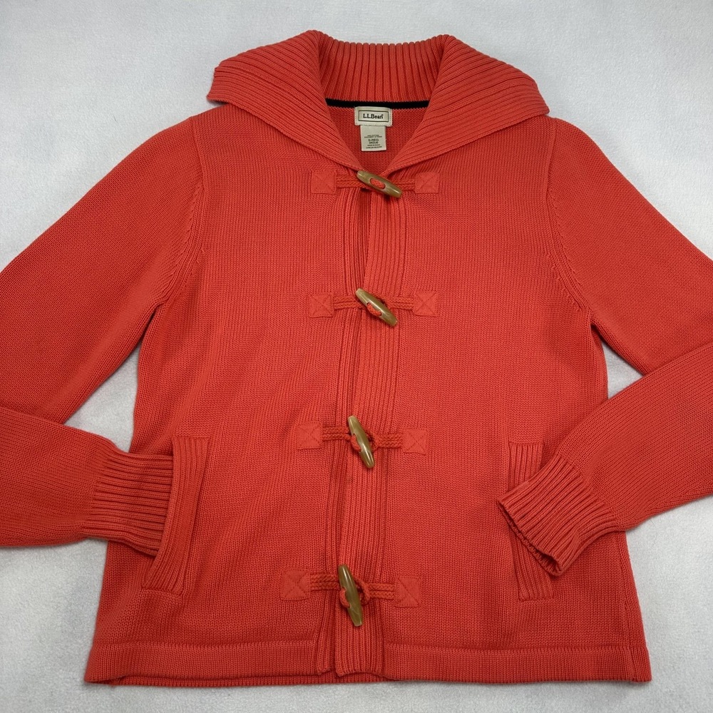 L.L. Bean Sweater Womens Small Orange Toggle Cardigan 100% Cotton Knit Collar